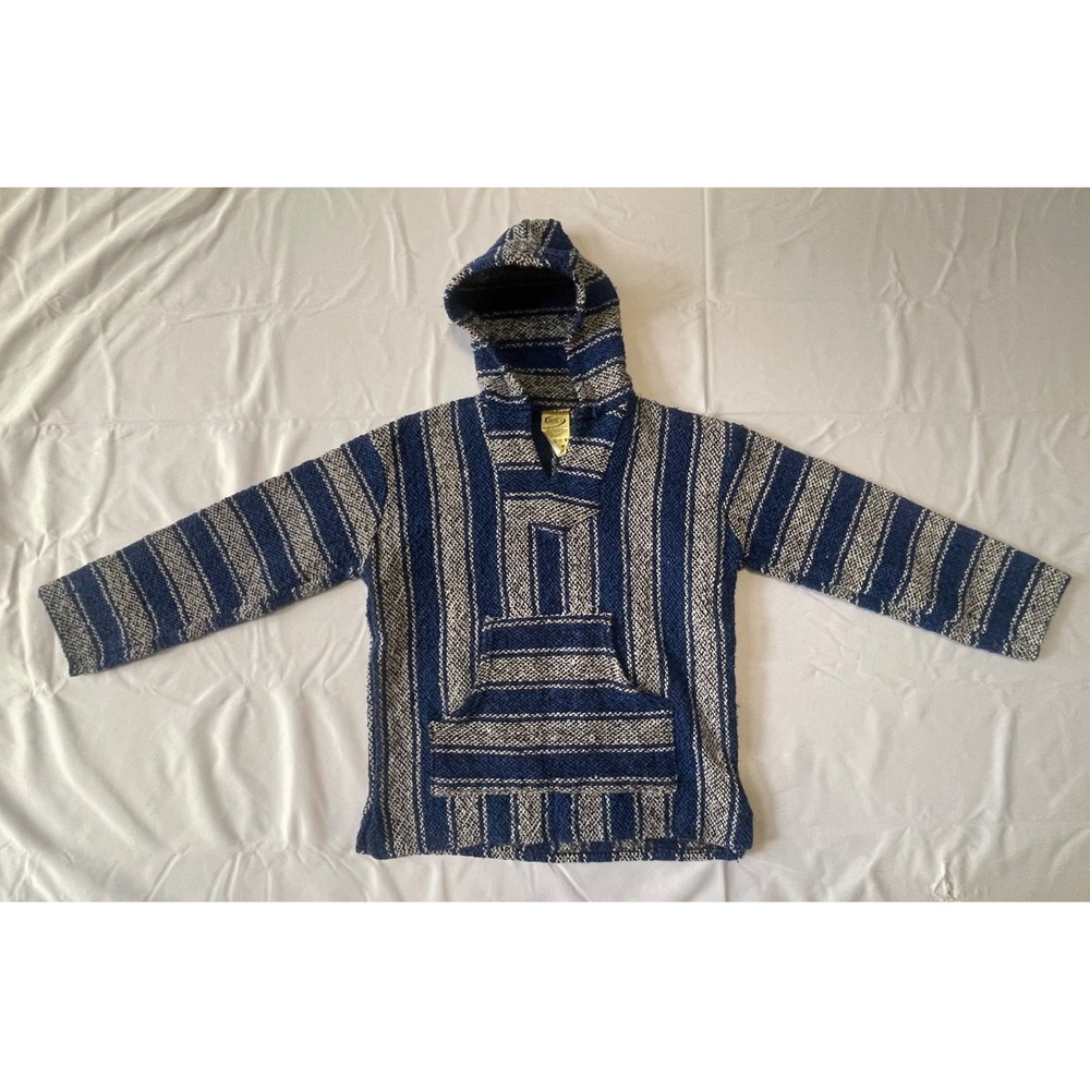 Vtg Franks Textiles Hoodie Gray Blue Black Baja Mexican Poncho Mexico | Size M‎